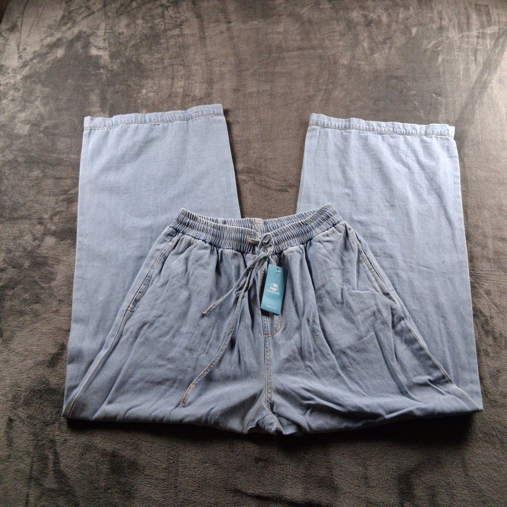 NWT Cupshe Wide Leg Pants Womens Small Light Blue Denim Drawstring Elastic Waist - Picture 2 of 8